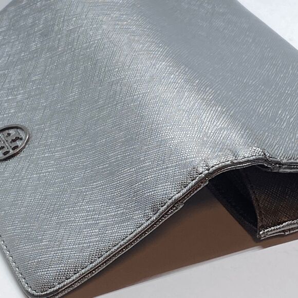 **TORN/FLAWS** Authentic Dark Silver Metallic Tory Burch Long Wallet - Picture 6 of 13